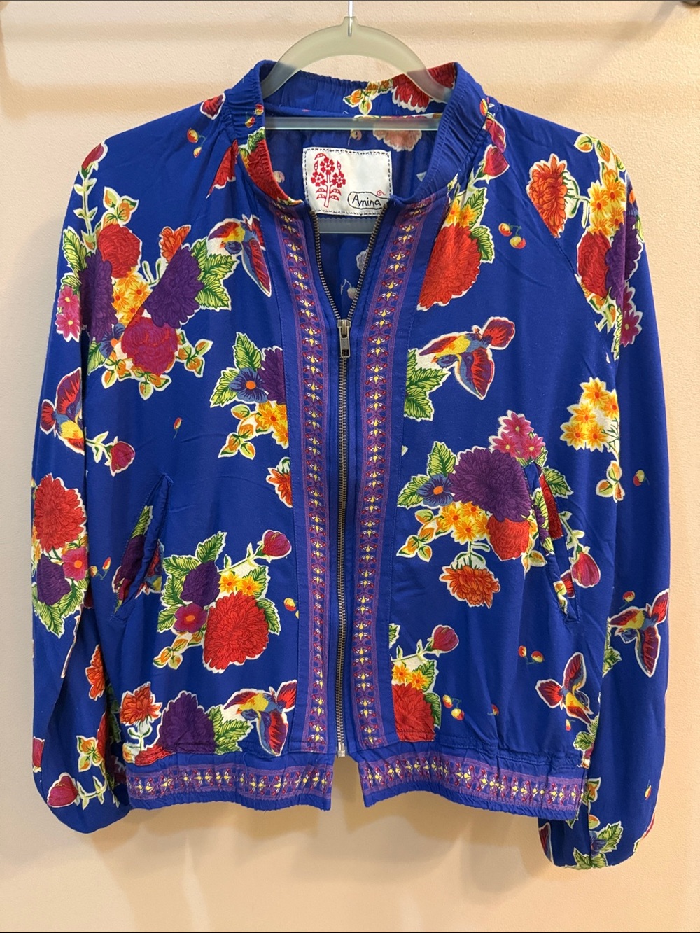Blue Floral Zip Bomber Jacket